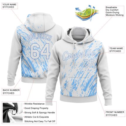 Custom Stitched 3D Pattern Sweatshirt Hoodie in White and Light Blue - Sports Pullover Custom Stitched White White-Light