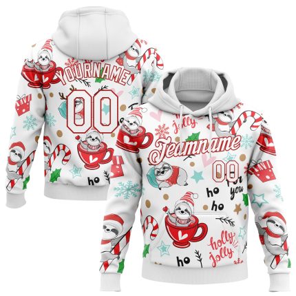 3D Christmas Sloths Hoodie - Custom Stitched White Red Sports Sweatshirt Pullover Custom Stitched White White-Red 3D Christmas