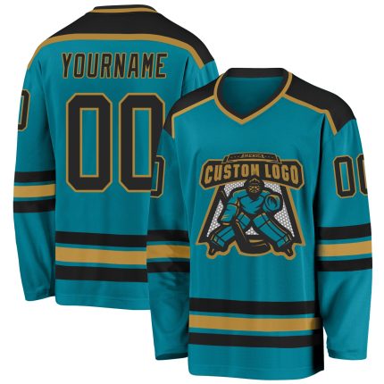 Teal Black Old Gold Custom Hockey Jersey for Men and Women Team Apparel Custom Teal Black-Old Gold Hockey Jersey