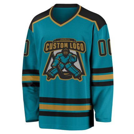 Teal Black Old Gold Custom Hockey Jersey for Men and Women Team Apparel Custom Teal Black-Old Gold Hockey Jersey