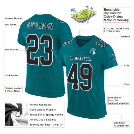 Custom Teal Black White Authentic Football Jersey - Mesh Design for Comfort Custom Teal Black-White Mesh Authentic Football