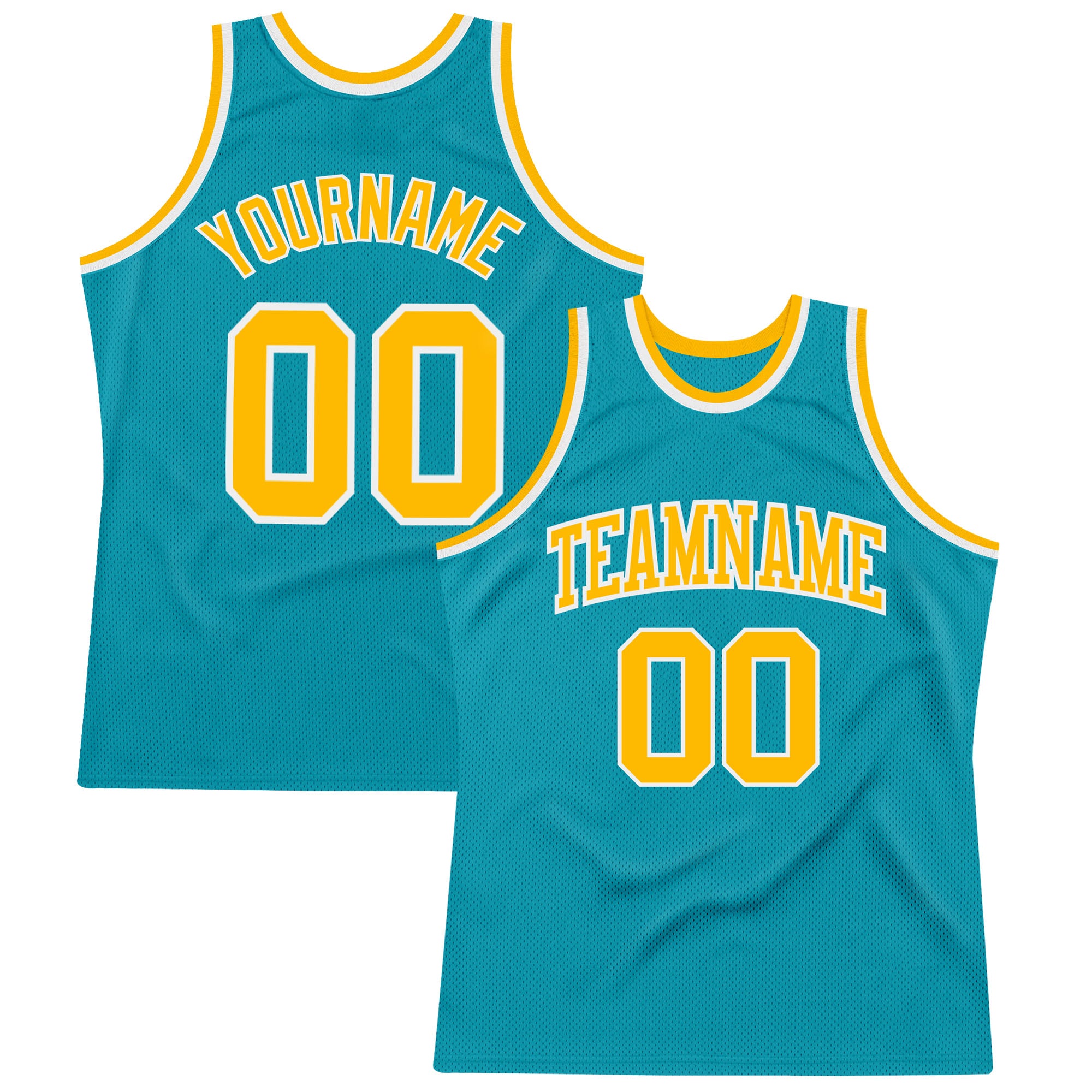 Custom Teal Gold-White Authentic Throwback Basketball Jersey Teal Gold White Throwback Basketball Jersey - Custom Authentic Sports Apparel Custom Teal Gold-White Authentic Throwback