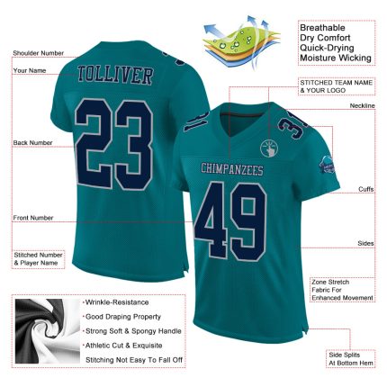 Teal Navy Gray Mesh Football Jersey - Custom Authentic Design Custom Teal Navy-Gray Mesh Authentic Football Jersey