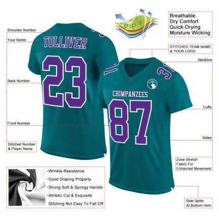 Teal Purple White Custom Football Jersey Authentic Mesh Design Custom Teal Purple-White Mesh Authentic Football Jersey