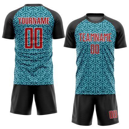 Teal Red Black Custom Soccer Uniform Jersey - Sublimation Design Custom Teal Red-Black Sublimation Soccer Uniform Jersey