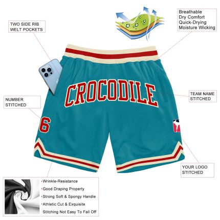 Custom Teal Red Cream Basketball Shorts - Authentic Throwback Style Custom Teal Red-Cream Authentic Throwback Basketball