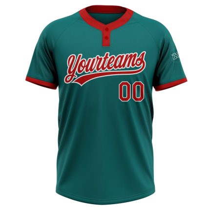 Teal Red-White Custom Unisex Softball Jersey - Two-Button Design for Comfort Custom Teal Red-White Two-Button Unisex Softball