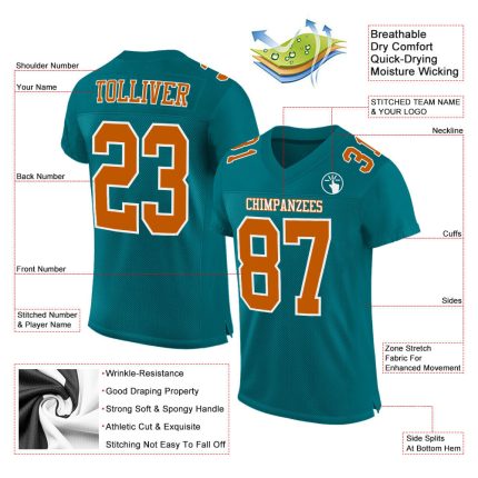 Teal Texas Football Jersey - Orange and White Mesh Custom Authentic Jersey Custom Teal Texas Orange-White Mesh Authentic