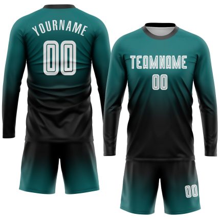Custom Teal Black White Fade Soccer Jersey Long Sleeve Fashion Uniform Custom Teal White-Black Sublimation Long Sleeve Fade