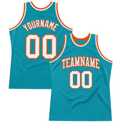 Teal White Orange Custom Throwback Basketball Jersey Authentic Design Custom Teal White-Orange Authentic Throwback Basketball