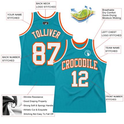 Teal White Orange Custom Throwback Basketball Jersey Authentic Design Custom Teal White-Orange Authentic Throwback Basketball