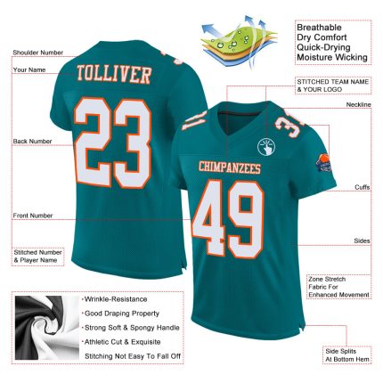 Teal White Orange Custom Mesh Football Jersey Authentic Design Custom Teal White-Orange Mesh Authentic Football Jersey