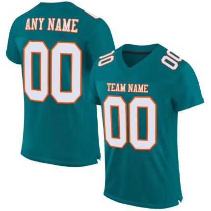 Teal White Orange Custom Mesh Football Jersey Authentic Design Custom Teal White-Orange Mesh Authentic Football Jersey