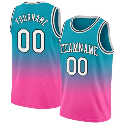 Teal White-Pink Custom Basketball Jersey - Authentic Fade Design Fashion Sportswear Custom Teal White-Pink Authentic Fade