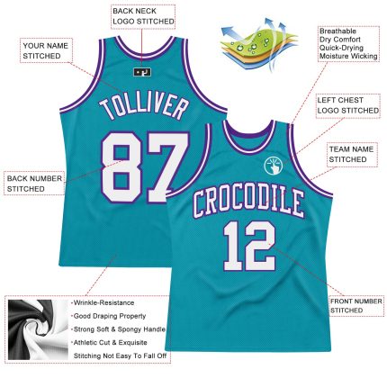Teal White Purple Custom Basketball Jersey | Authentic Throwback Style Custom Teal White-Purple Authentic Throwback Basketball