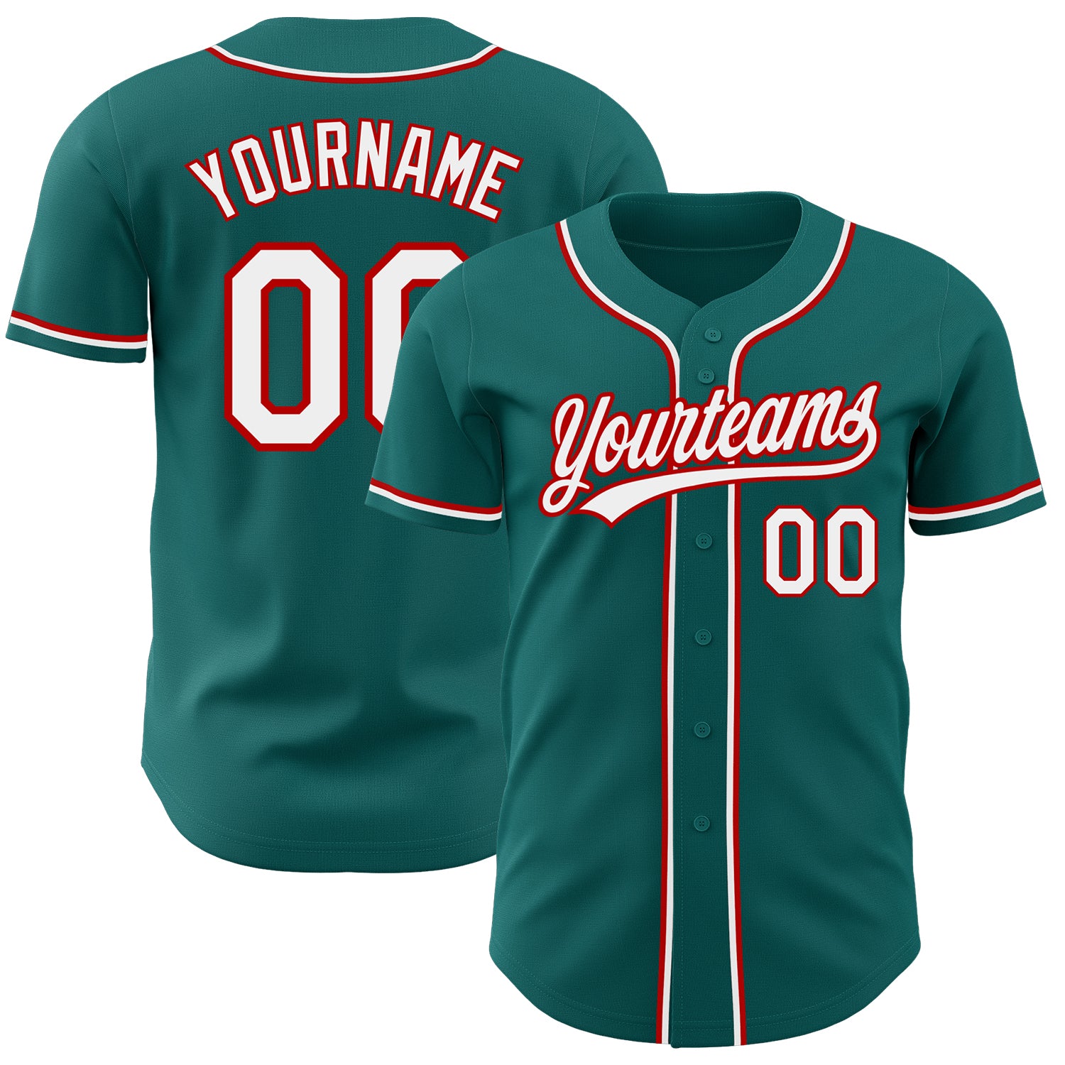 Custom Teal Baseball Jersey with White-Red Details - Authentic Team Apparel Custom Teal White-Red Authentic Baseball Jersey