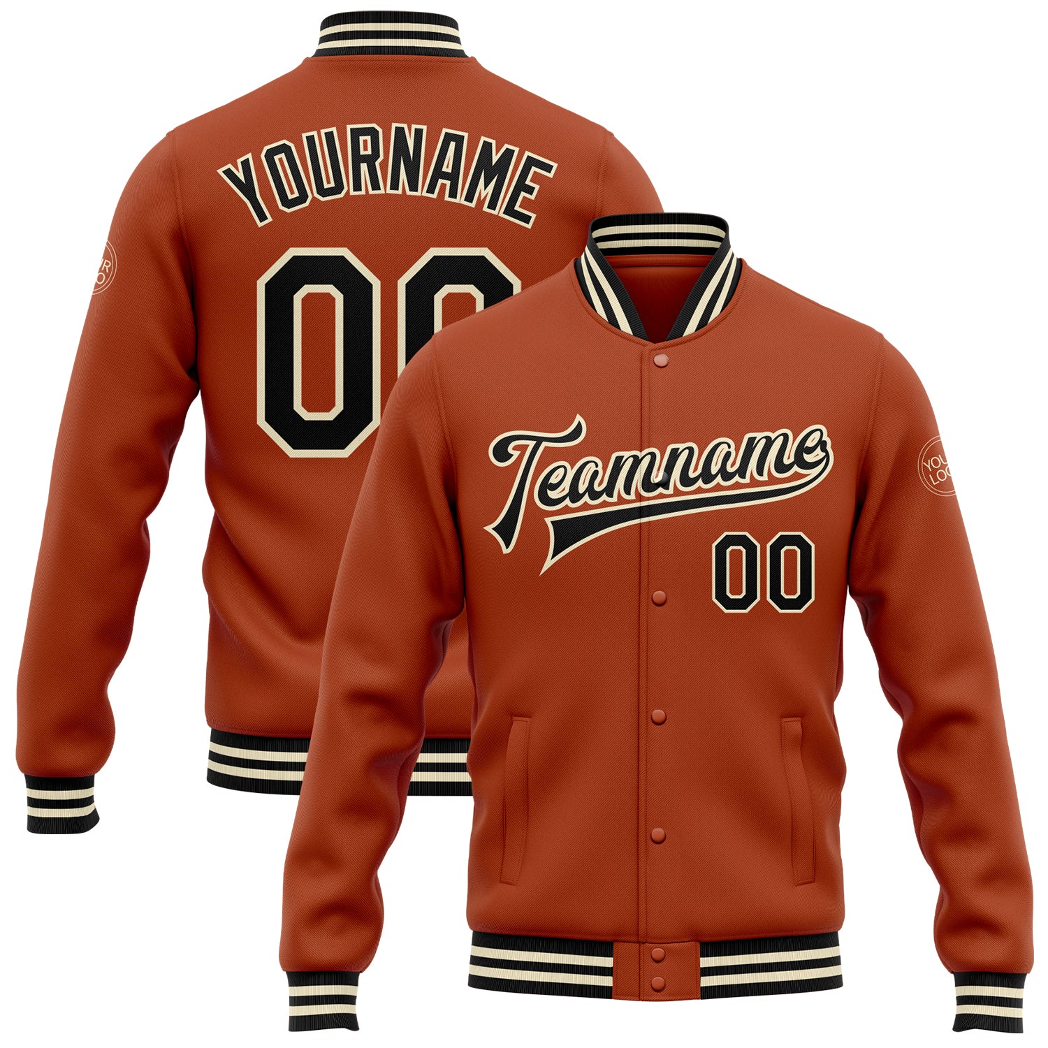 Texas Orange Black Cream Varsity Letterman Bomber Jacket Full-Snap Custom Design Custom Texas Orange Black-Cream Bomber Full-Snap