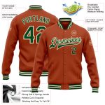 Texas Orange Green Cream Varsity Letterman Bomber Full-Snap Jacket - Custom Design Custom Texas Orange Green-Cream Bomber