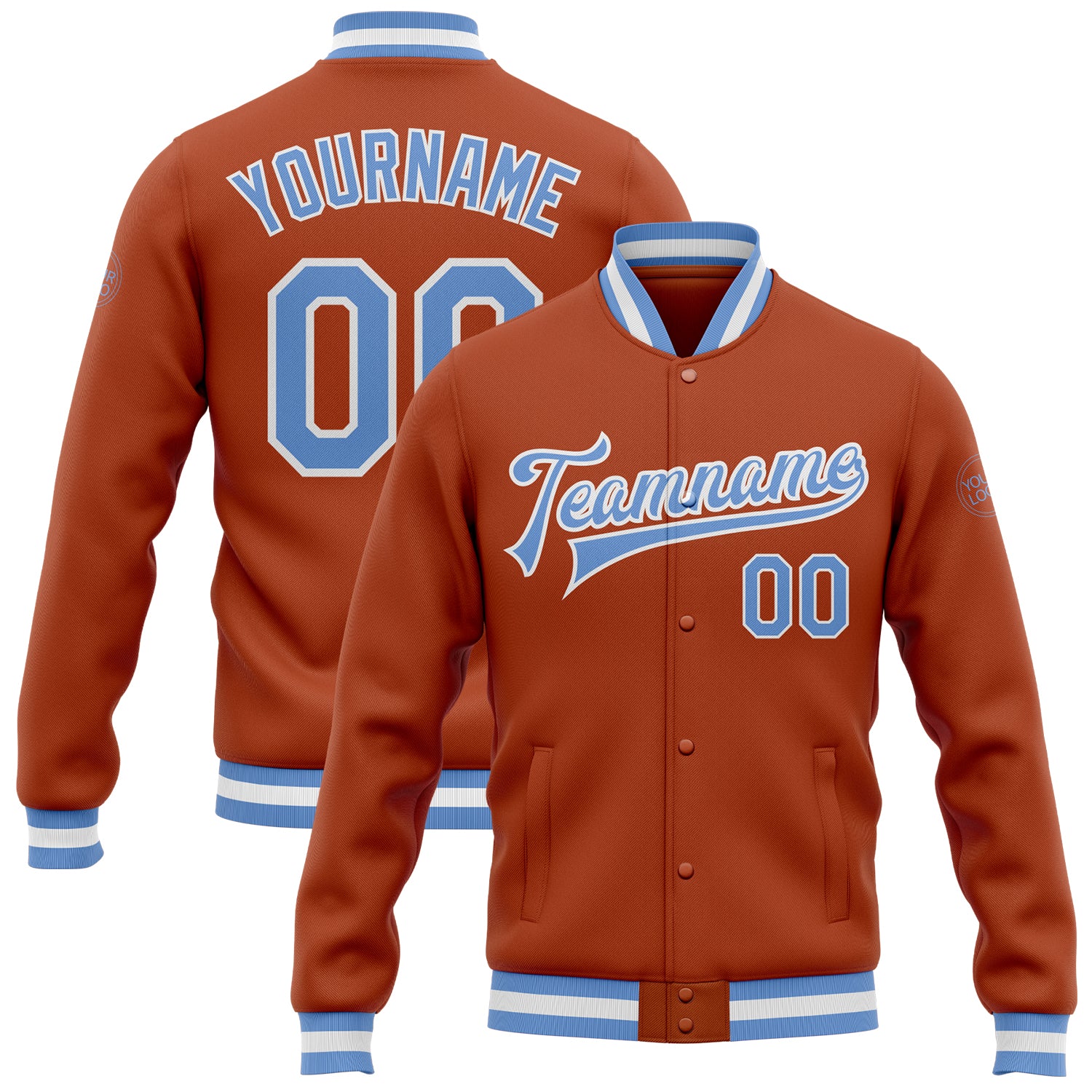 Custom Texas Orange Light Blue-White Bomber Full-Snap Varsity Letterman Jacket Custom Texas Orange Blue White Bomber Varsity Letterman Jacket Full-Snap Custom Texas Orange Light Blue-White Bomber Full-Snap