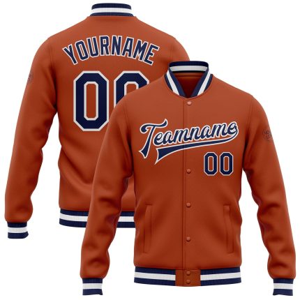 Custom Texas Navy and Orange Bomber Jacket - White Full-Snap Varsity Letterman Style Custom Texas Orange Navy-White Bomber