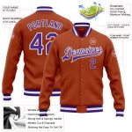 Custom Texas Orange Purple White Varsity Letterman Bomber Full-Snap Jacket Custom Texas Orange Purple-White Bomber Full-Snap