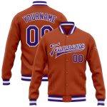 Custom Texas Orange Purple White Varsity Letterman Bomber Full-Snap Jacket Custom Texas Orange Purple-White Bomber Full-Snap