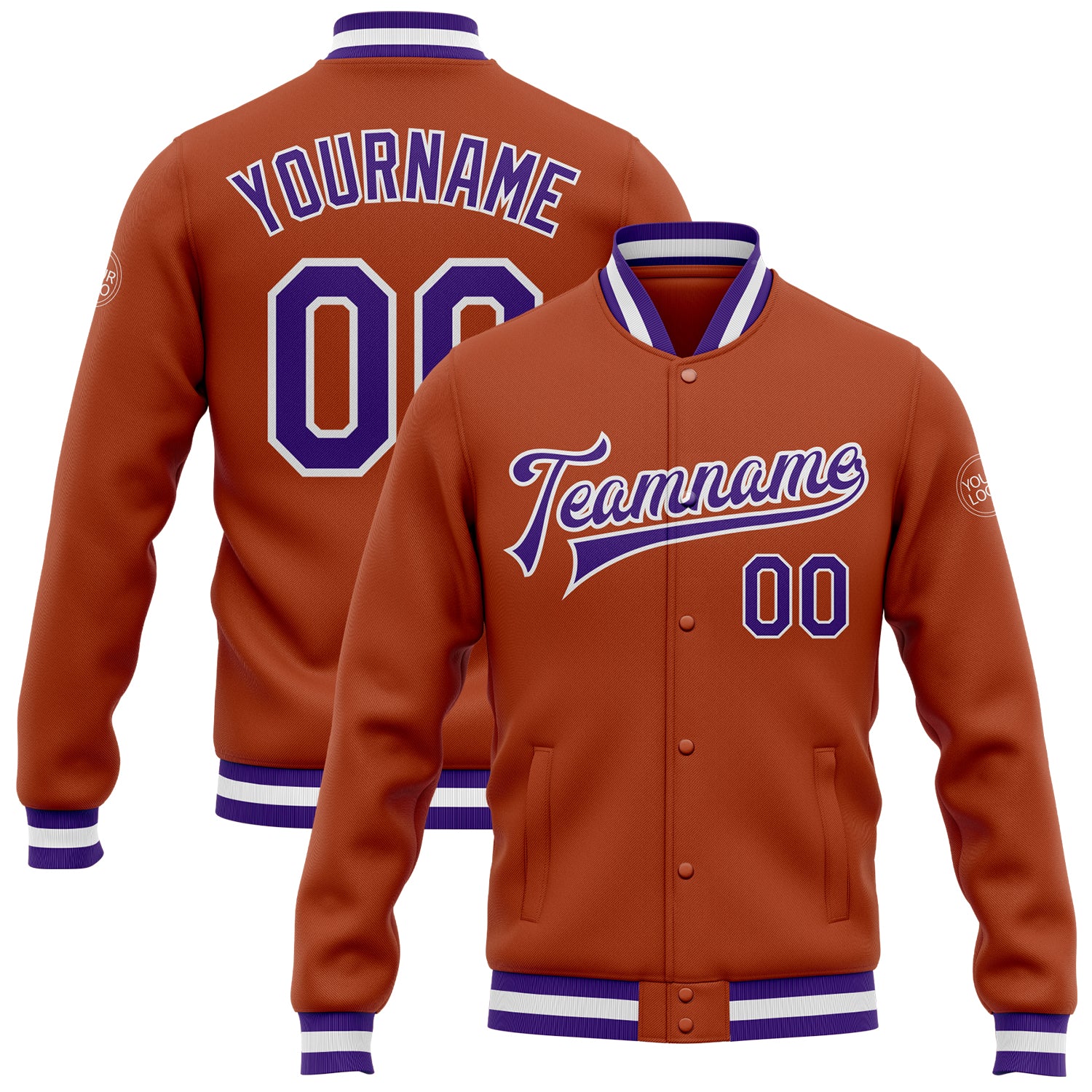 Custom Texas Orange Purple White Varsity Letterman Bomber Full-Snap Jacket Custom Texas Orange Purple-White Bomber Full-Snap