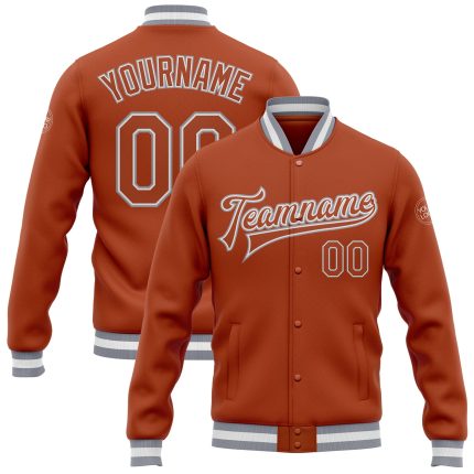 Custom Texas Orange Bomber Jacket Gray-White Varsity Full-Snap Letterman Custom Texas Orange Texas Orange Gray-White Bomber