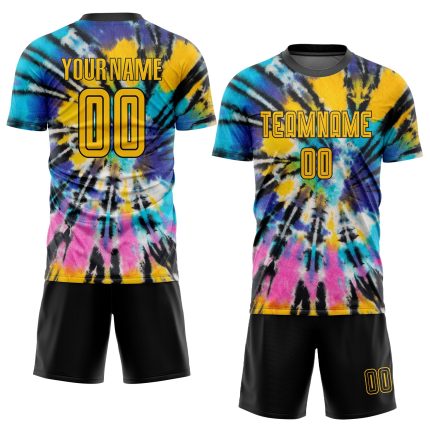Gold-Black Custom Tie Dye Soccer Jersey - Sublimation Athletic Uniform Custom Tie Dye Gold-Black Sublimation Soccer Uniform