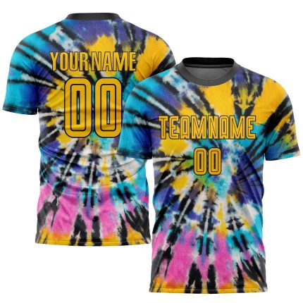 Gold-Black Custom Tie Dye Soccer Jersey - Sublimation Athletic Uniform Custom Tie Dye Gold-Black Sublimation Soccer Uniform
