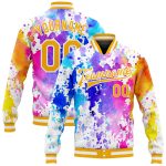 Gold-White Rainbow Custom Tie Dye 3D Varsity Letterman Bomber Jacket Custom Tie Dye Gold-White Rainbow 3D Bomber Full-Snap
