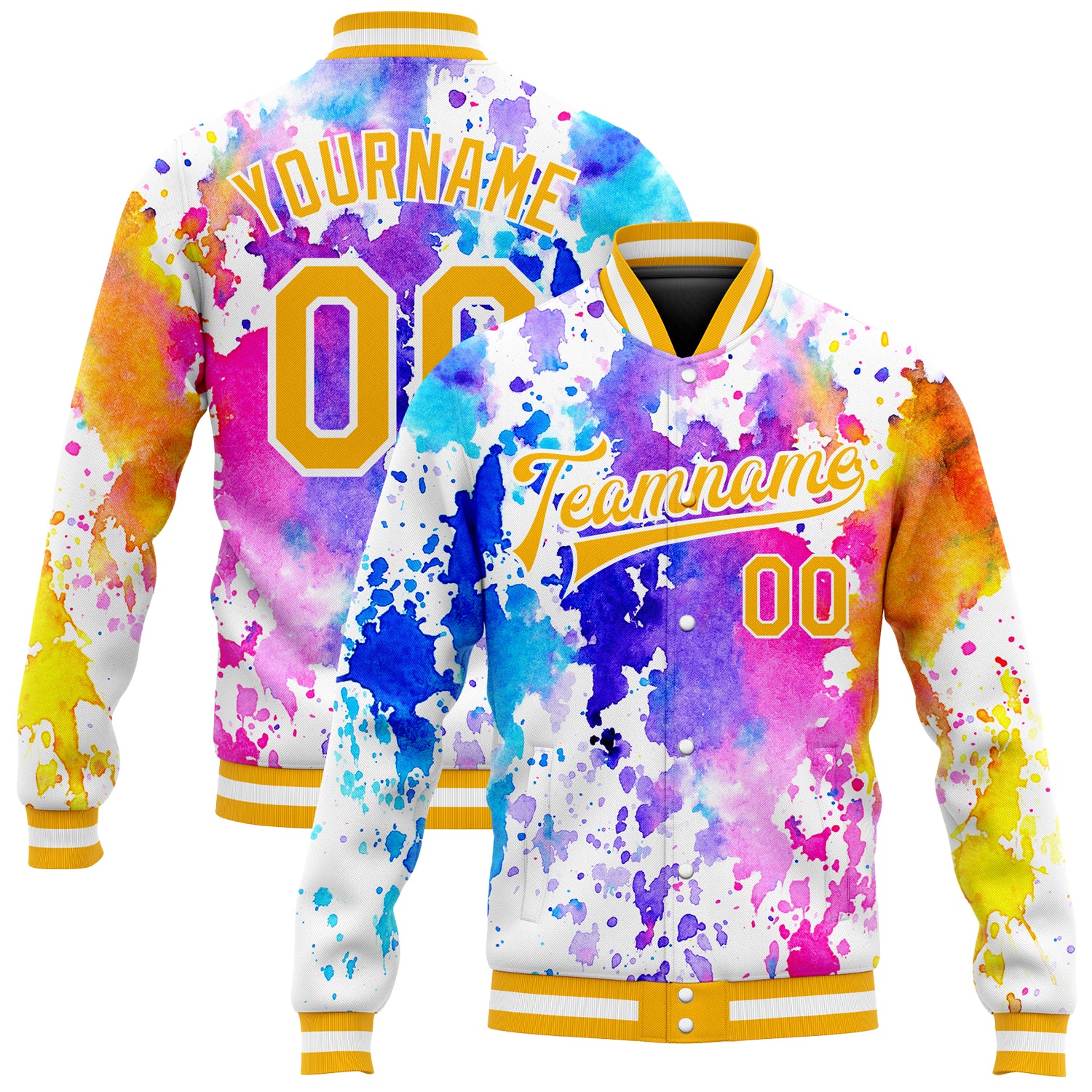 Gold-White Rainbow Custom Tie Dye 3D Varsity Letterman Bomber Jacket Custom Tie Dye Gold-White Rainbow 3D Bomber Full-Snap