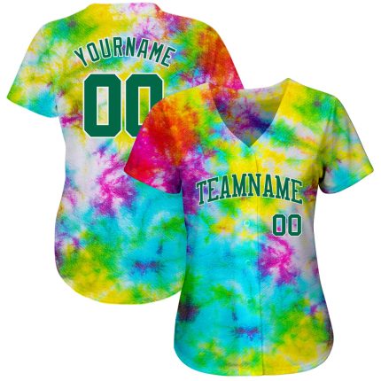 Custom Tie Dye Baseball Jersey Kelly Green-White 3D Authentic Design Custom Tie Dye Kelly Green-White 3D Authentic Baseball