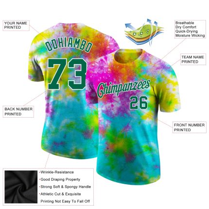 Custom Tie Dye Performance T-Shirt Kelly Green White 3D Design for Men and Women Custom Tie Dye Kelly Green-White 3D Performance