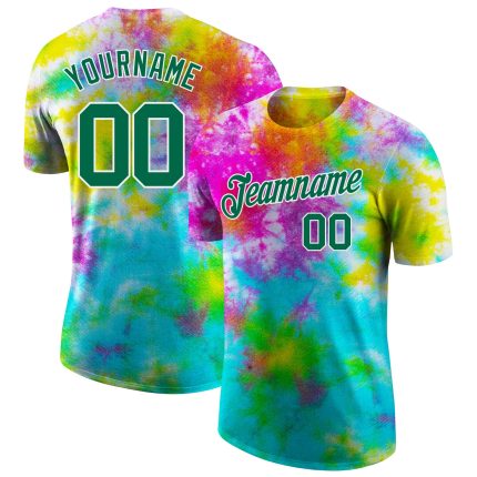 Custom Tie Dye Performance T-Shirt Kelly Green White 3D Design for Men and Women Custom Tie Dye Kelly Green-White 3D Performance