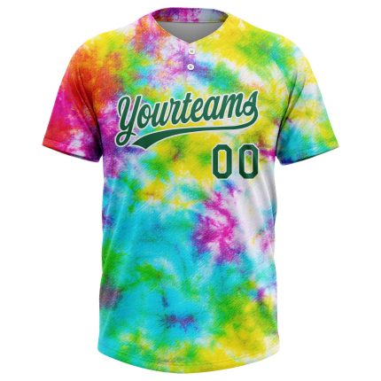 Custom Tie Dye Jersey Kelly Green-White 3D Rainbow Unisex Softball - Two-Button Design, Soft and Comfortable Custom Tie Dye
