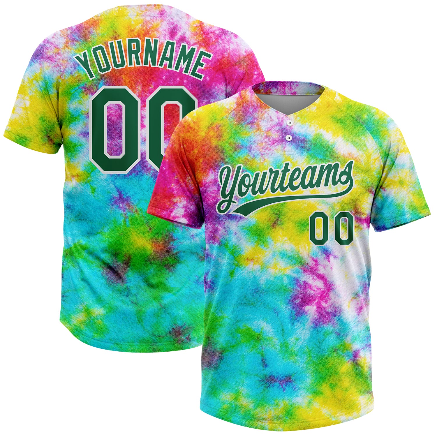 Custom Tie Dye Jersey Kelly Green-White 3D Rainbow Unisex Softball - Two-Button Design, Soft and Comfortable Custom Tie Dye