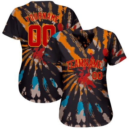 Custom Tie Dye Jersey Red Gold 3D Authentic Baseball Shirt Custom Tie Dye Red-Gold 3D Authentic Baseball Jersey