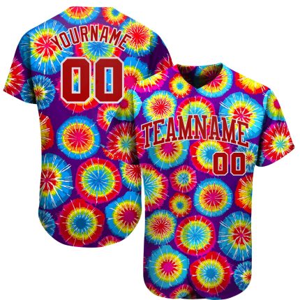 Red White Custom Tie Dye 3D Baseball Jersey - Authentic Sports Apparel Custom Tie Dye Red-White 3D Authentic Baseball Jersey