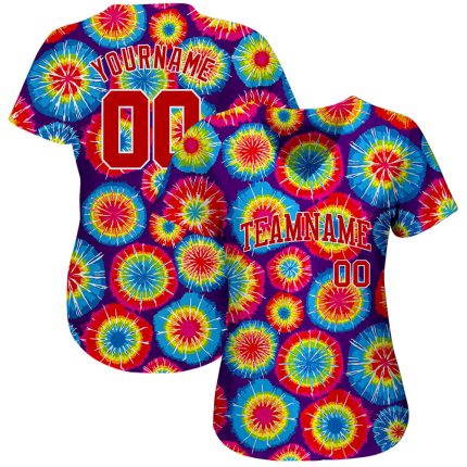 Red White Custom Tie Dye 3D Baseball Jersey - Authentic Sports Apparel Custom Tie Dye Red-White 3D Authentic Baseball Jersey