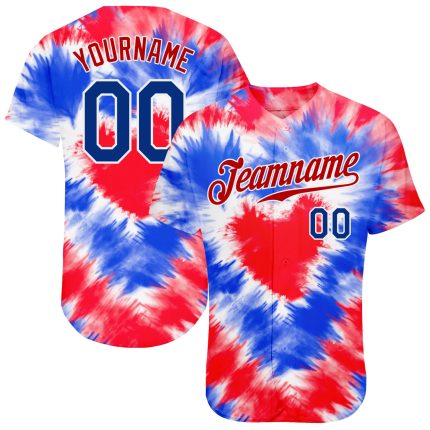 Custom Tie Dye American Flag Baseball Jersey - Royal Red 3D Design, Authentic Fit Custom Tie Dye Royal-Red 3D American Flag