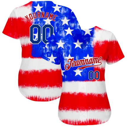 Custom Tie Dye American Flag Baseball Jersey Royal Red 3D Style 5404 Custom Tie Dye Royal-Red 3D American Flag Authentic