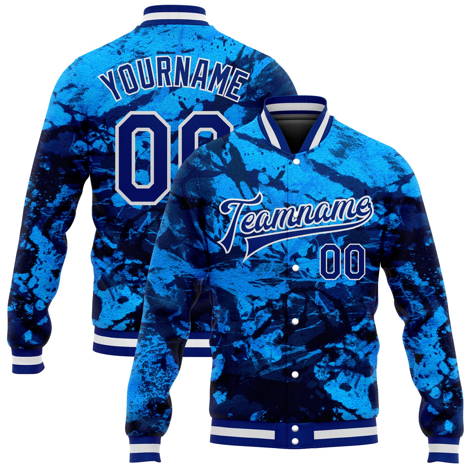 Custom Tie Dye Bomber Jacket 3D Royal-White Rainbow Varsity Full-Snap Letterman Jacket Custom Tie Dye Royal-White Rainbow