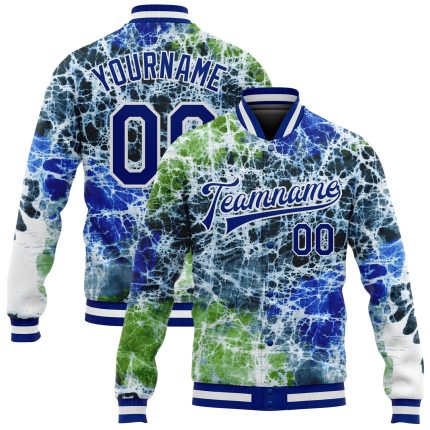 Custom Tie Dye Royal White Rainbow 3D Varsity Letterman Bomber Jacket Style 5561 Custom Tie Dye Royal-White Rainbow 3D Bomber
