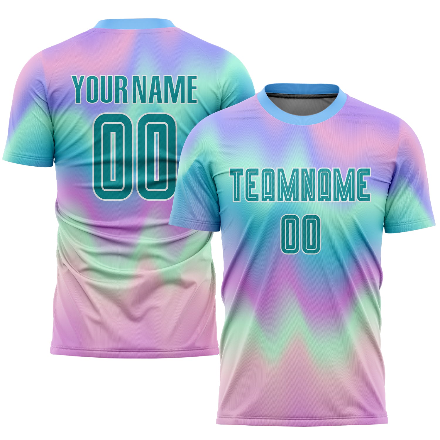 Teal White Tie Dye Soccer Jersey Custom Sublimation Style 7051 Custom Tie Dye Teal-White Sublimation Soccer Uniform Jersey