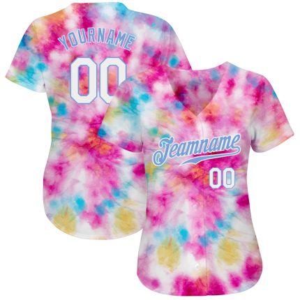 Custom Tie Dye Baseball Jersey - 3D Watercolor Design in White & Light Blue, Authentic Style Custom Tie Dye White-Light Blue