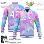Custom Tie Dye 3D Bomber Jacket Light Blue Rainbow Varsity Letterman Full-Snap Custom Tie Dye White-Light Blue Rainbow 3D