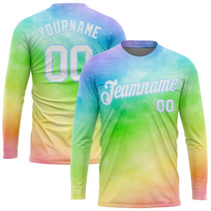Tie Dye Long Sleeve Performance T-Shirt White Light Blue Rainbow Custom Design Custom Tie Dye White-Light Blue Rainbow 3D