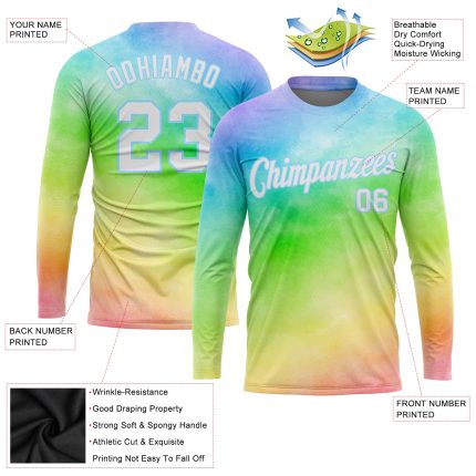 Tie Dye Long Sleeve Performance T-Shirt White Light Blue Rainbow Custom Design Custom Tie Dye White-Light Blue Rainbow 3D