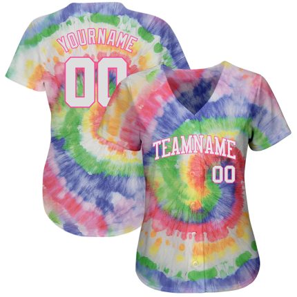 Tie Dye Baseball Jersey White Pink 3D Custom Design Authentic Style Custom Tie Dye White-Pink 3D Authentic Baseball Jersey